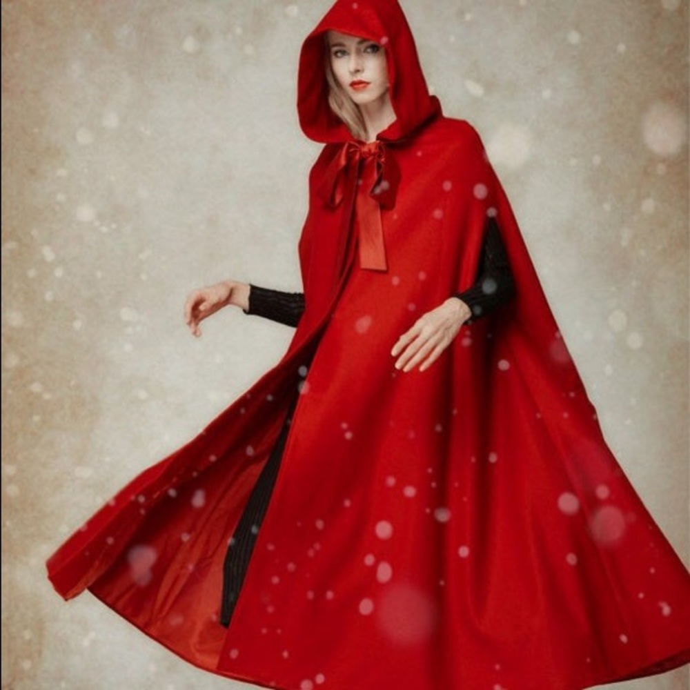 Red Hooded Wool Cloak Cape Coat